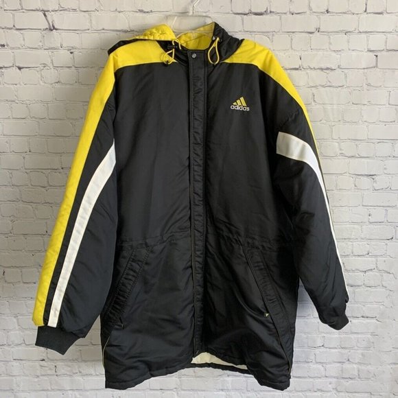 Vintage Adidas Puffer Long Hooded Jacket Coat Size Large Heavyweight Black